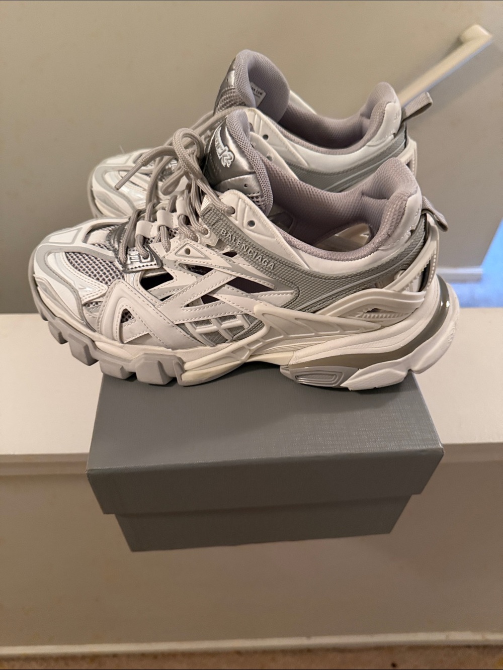 Balenciaga White & Light Gray Layered Track Sneakers.  Only worn a couple times - Picture 2 of 4